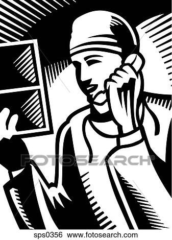 Stock Illustration - A black and white drawing of a doctor on the phone. Fotosearch