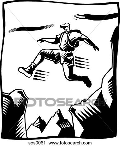 Clip Art - A black and white drawing of a man jumping over a crevasse. Fotosearch
