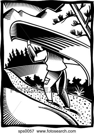 A black and white drawing of a man portaging along a river View Large Illustration Stock Illustration - A black and white drawing of a man portaging along a river. Fotosearch