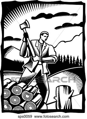 A black and white drawing of a man chopping wood with an axe View Large Illustration Stock Illustration - A black and white drawing of a man chopping wood with an axe. Fotosearch