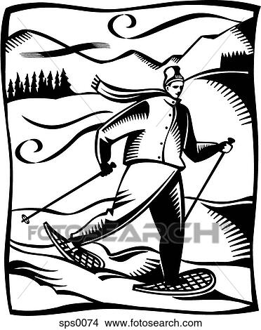 Stock Illustration - A black and white drawing of a man snowshoeing on a snowy mountain. Fotosearch