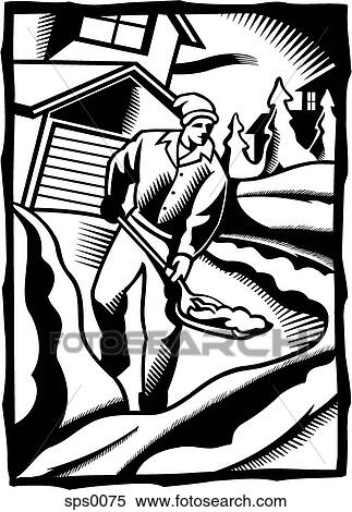 A black and white drawing of a man shovelling snow in front of a house View Large Illustration Stock Illustration - A black and white drawing of a man shovelling snow in front of a house. Fotosearch