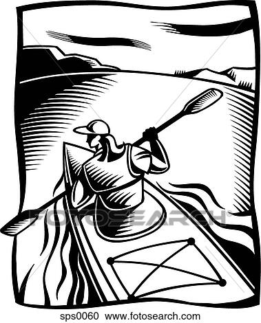 A black and white drawing of a woman kayaking along a river View Large Illustration Clipart - A black and white drawing of a woman kayaking along a river. Fotosearch