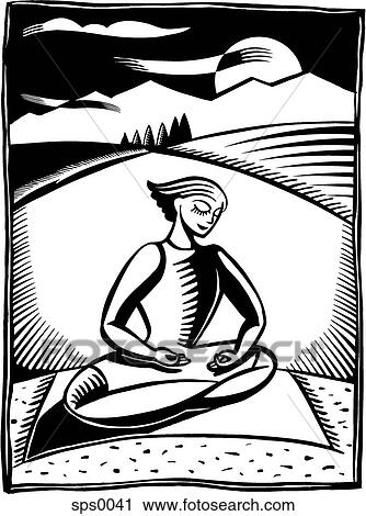 Clip Art - A black and white illustration of a woman meditating in lotus position. Fotosearch