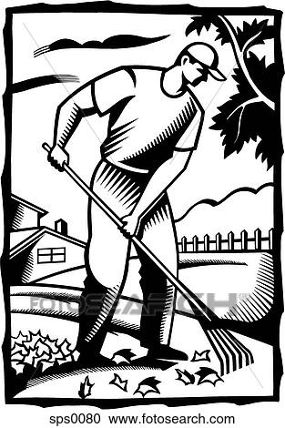 Clipart - A black and white illustration of a man raking leaves. Fotosearch