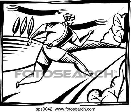 A black and white illustration of a man jogging while wearing an mp3 player View Large Illustration Drawing - A black and white illustration of a man jogging while wearing an mp3 player. Fotosearch