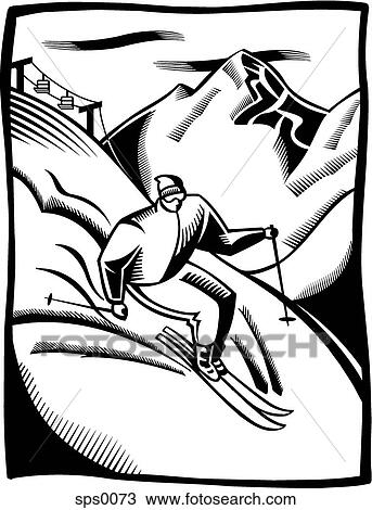 A black and white illustration of a man skiing downhill View Large Illustration Drawing - A black and white illustration of a man skiing downhill. Fotosearch