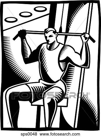 Stock Illustration - A black and white illustration of a man using the lateral pull. Fotosearch