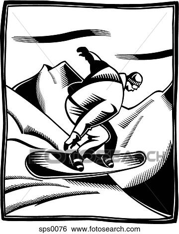 Stock Illustration - A black and white illustration of a man snowboarding. Fotosearch