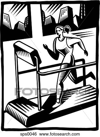 Stock Illustration - A black and white illustration of a woman running on a treadmill. Fotosearch
