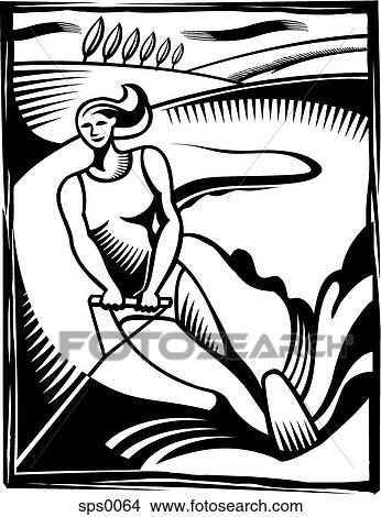 Stock Illustration - A black and white illustration of a woman water skiing. Fotosearch