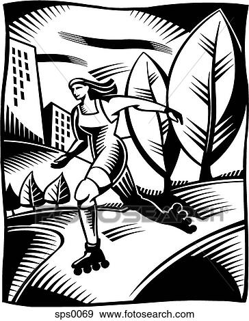 Stock Illustration - A black and white illustration of a woman rollerblading in a park. Fotosearch