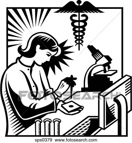 Stock Illustration - A black and white illustration of a woman testing a specimen in the research lab. Fotosearch