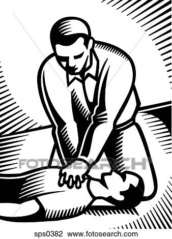 Drawing - A black and white picture of a man performing CPR. Fotosearch