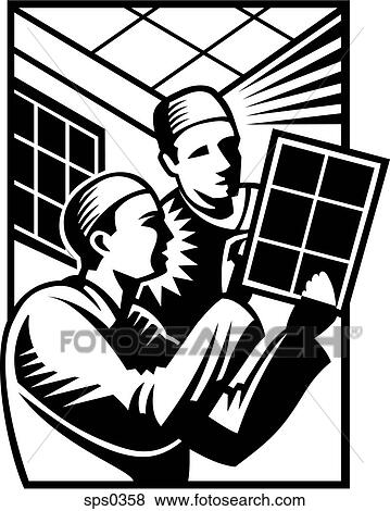 Stock Illustration - A black and white picture of doctors looking at test results. Fotosearch