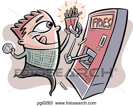 Drawing - A boy buying fries from a vending machine. Fotosearch