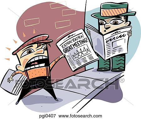 Stock Illustration - A boy selling newspaper on a street. Fotosearch