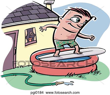 Stock Illustration - A boy surfing in an inflatable pool in his yard. Fotosearch