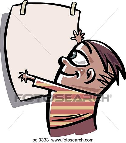A boy taping a poster to the wall View Large Illustration Drawing - A boy taping a poster to the wall. Fotosearch