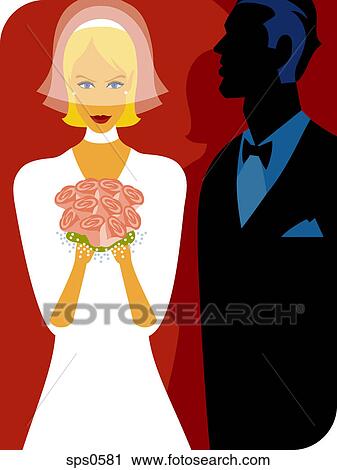 Clip Art - A bride holding a bouquet of flowers. Fotosearch