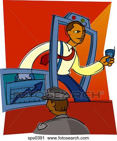 Clip Art - A businessman carrying a briefcase and mobile phone walks through a metal detector. Fotosearch