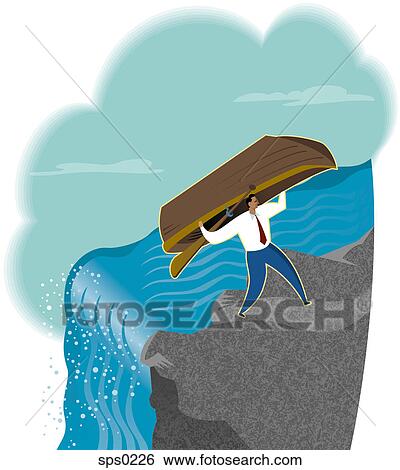 Stock Illustration - A businessman carrying his boat away from a waterfall. Fotosearch