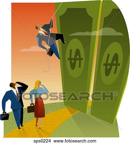 Stock Illustration - A businessman climbing a giant wall made of money. Fotosearch