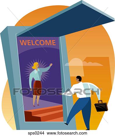 A businessman entering the screen is welcomed by a woman View Large Illustration Stock Illustration - A businessman entering the screen is welcomed by a woman. Fotosearch