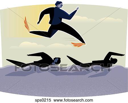Stock Illustration - A businessman flying over people swimming. Fotosearch
