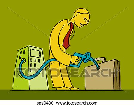 A businessman fueling a briefcase with a pump View Large Illustration Clipart - A businessman fueling a briefcase with a pump. Fotosearch