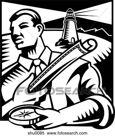 A businessman holding a map and compass tries to find his way, while a lighthouse shines behind him View Large Illustration Stock Illustration - A businessman holding a map and compass tries to find his way, while a lighthouse shines behind him. Fotosearch