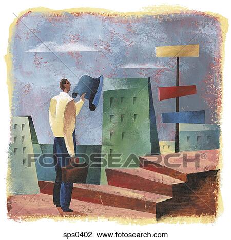 A businessman holding a map and deciding which direction to go View Large Illustration Drawing - A businessman holding a map and deciding which direction to go. Fotosearch