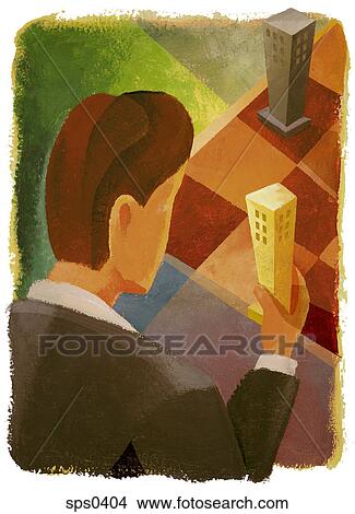 A businessman moving miniature buildings on a checkered board View Large Illustration Stock Illustration - A businessman moving miniature buildings on a checkered board. Fotosearch