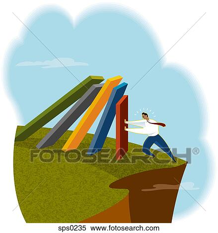 Stock Illustration - A businessman pushing a row of falling walls. Fotosearch