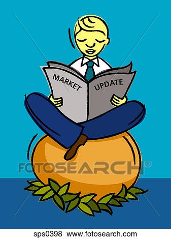 Stock Illustration - A businessman sits on an egg while reading business news. Fotosearch