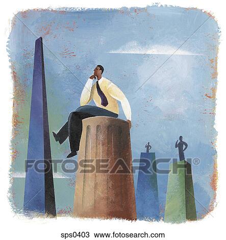 A businessman sitting on top of a column View Large Illustration Drawing - A businessman sitting on top of a column. Fotosearch