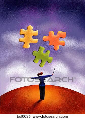 Stock Illustration - A businesswoman conducting puzzle pieces. Fotosearch