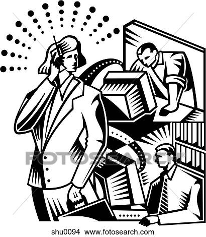A businesswoman on a cell phone with two men working in the background View Large Illustration Stock Illustration - A businesswoman on a cell phone with two men working in the background. Fotosearch