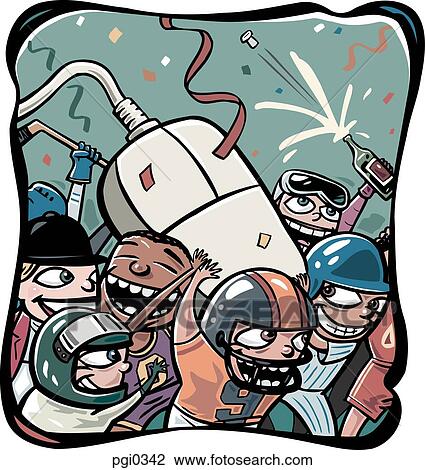 A celebration with sportmen carrying a giant computer mouse View Large Illustration Drawing - A celebration with sportmen carrying a giant computer mouse. Fotosearch