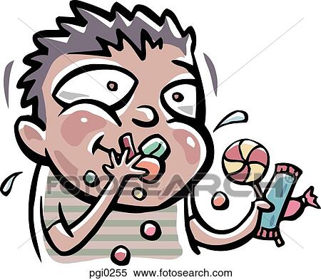 Stock Illustration - A child with a mouthful of candies. Fotosearch
