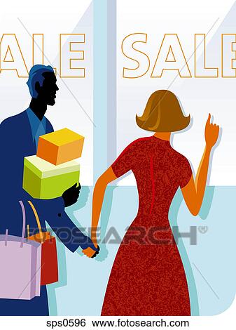 Stock Illustration - A couple taking advantage of a store sale. Fotosearch