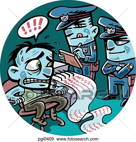 Stock Illustration - A crime suspect undergoing a lie detector test conducted by two policemen. Fotosearch