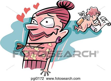 A cupid checking off a list after shooting an arrow through a lady View Large Illustration Drawing - A cupid checking off a list after shooting an arrow through a lady. Fotosearch