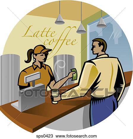 A customer buying coffee at a shop View Large Illustration Drawing - A customer buying coffee at a shop. Fotosearch