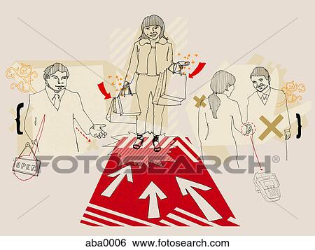 Stock Illustration - A customer carrying shopping bags and getting the red carpet treatment. Fotosearch