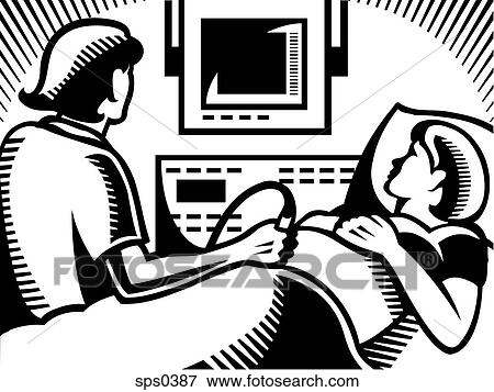 Stock Illustration - A doctor performing ultrasound on a pregnant woman drawn in black and white. Fotosearch