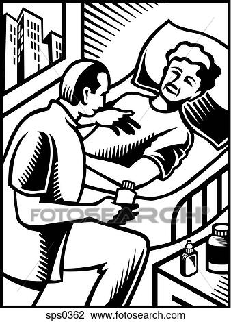 A doctor talking to a patient drawn in black and white View Large Illustration Drawing - A doctor talking to a patient drawn in black and white. Fotosearch