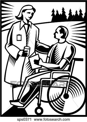 Clip Art - A doctor talking to a patient in a wheelchair in black and white. Fotosearch