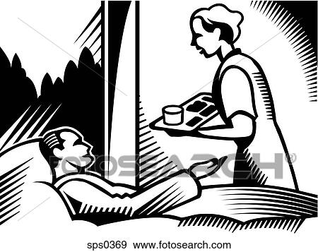 Stock Illustration - A drawing of a nurse bringing food to a patient in black and white. Fotosearch