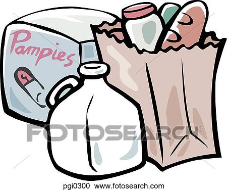 A drawing of grocery products including baby nappies and a bottle of milk View Large Illustration Clipart - A drawing of grocery products including baby nappies and a bottle of milk. Fotosearch